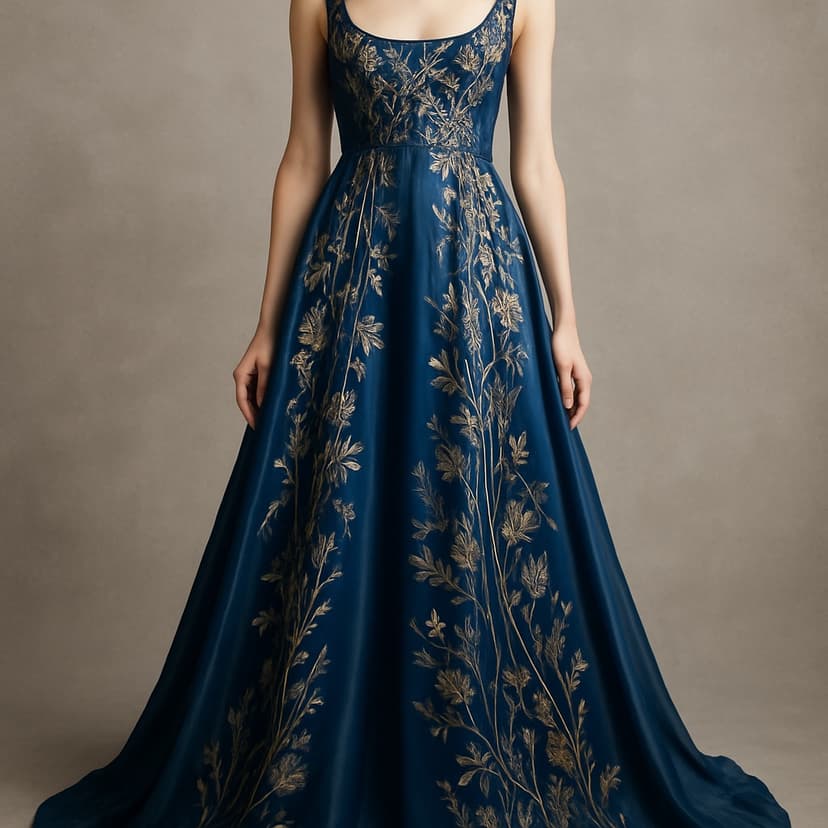 Flowing silk evening gown with botanical embroidery